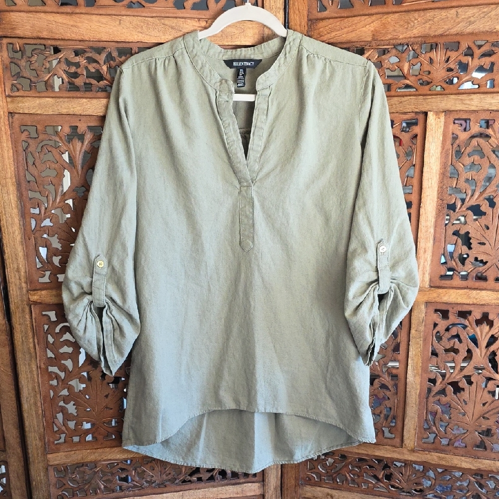 Ellen Tracy Women's Linen Blend V-neck Hi- Lo Shirt